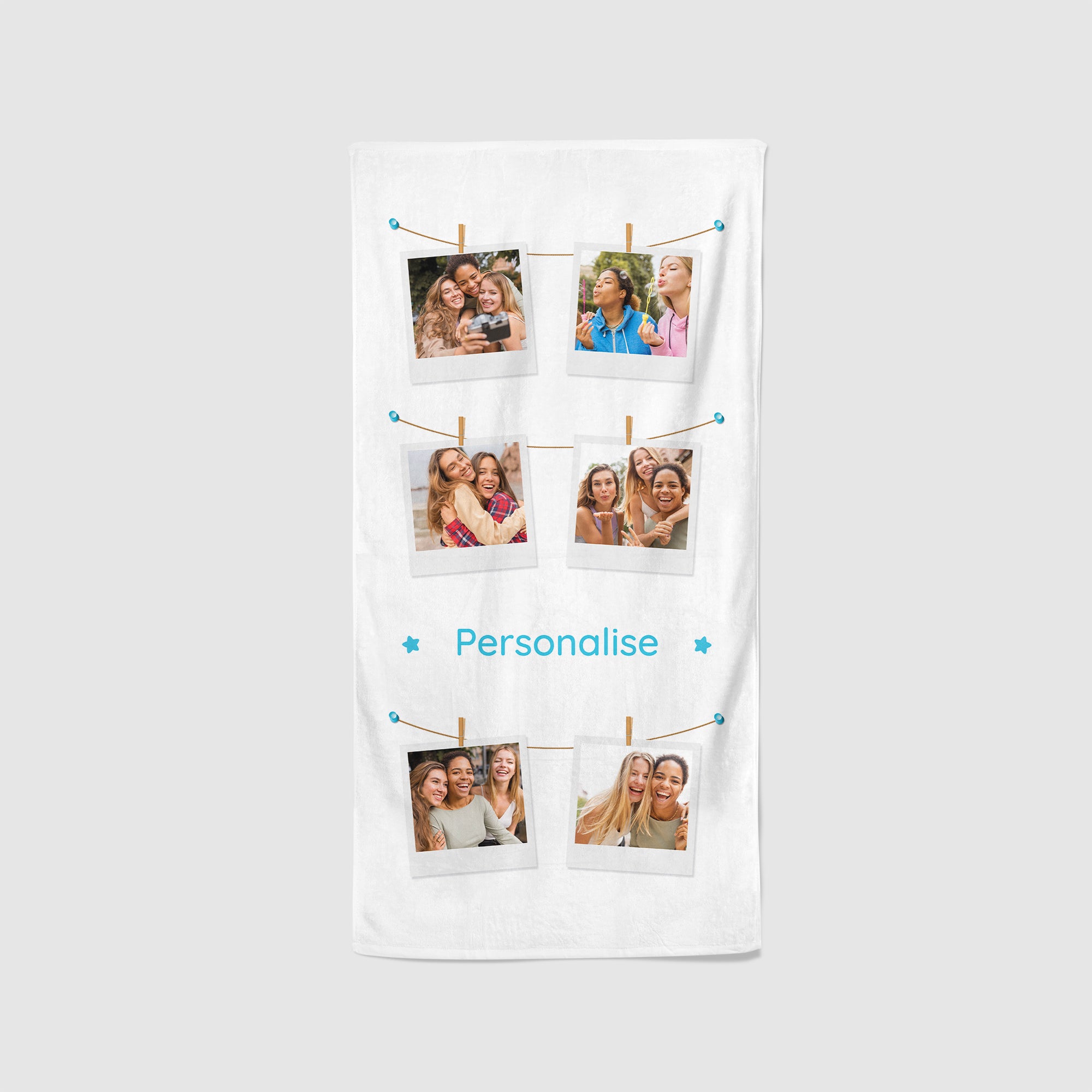 Six Photo Upload Medium Towel White - Polaroid Design - Personalise with Name