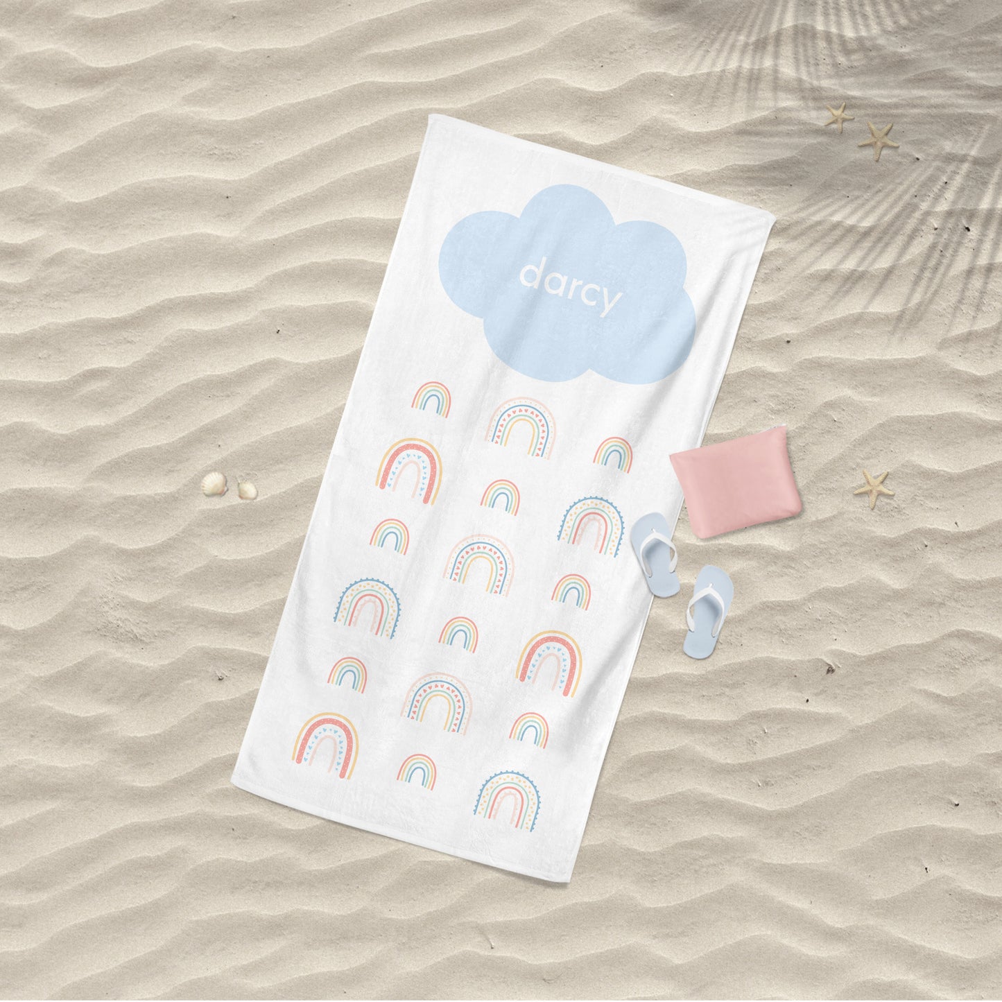 Childrens Beach Towel White with Pastel Rainbows- Personalise with Name
