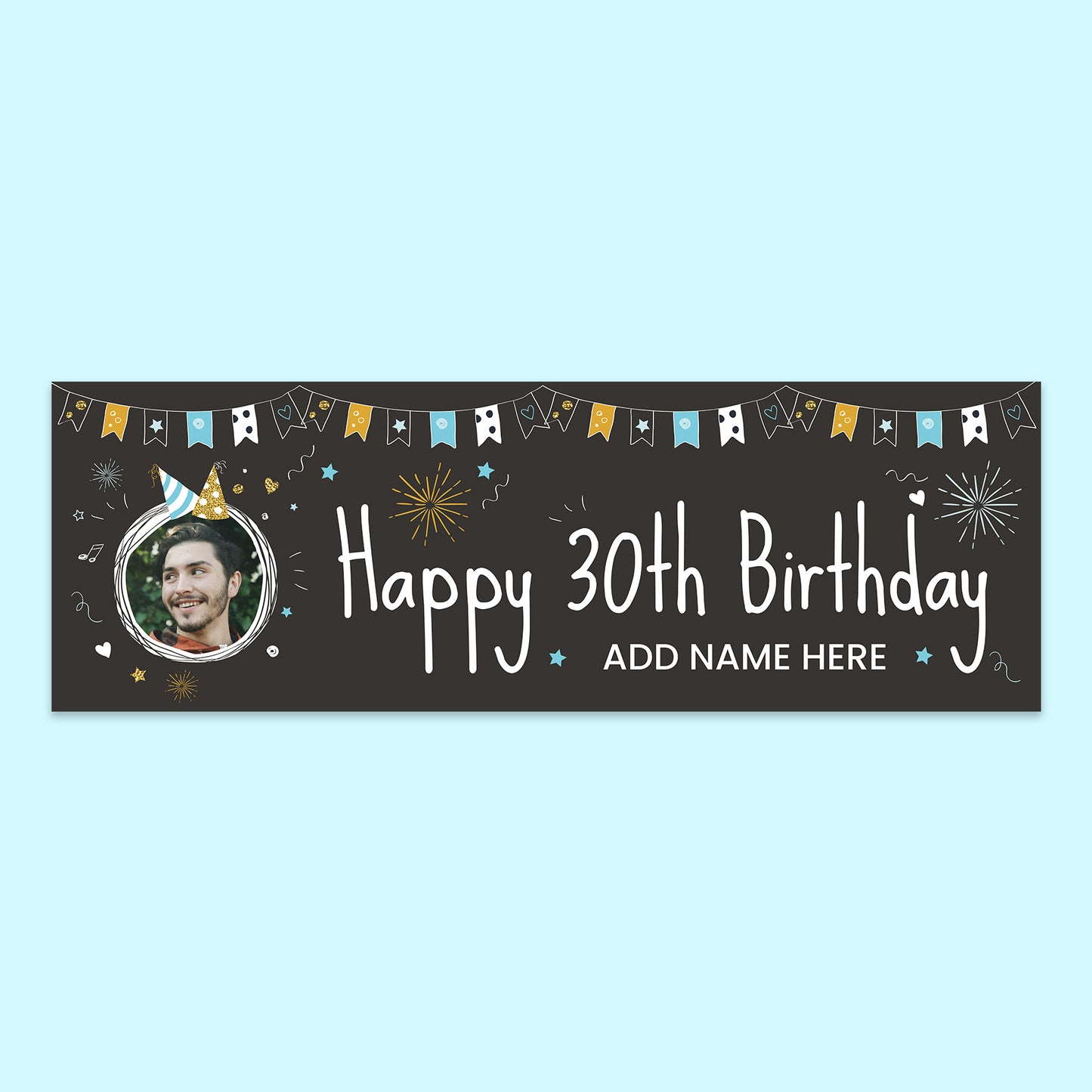Photo Upload Birthday Banner 30 Today 210 x 70cm blue flags