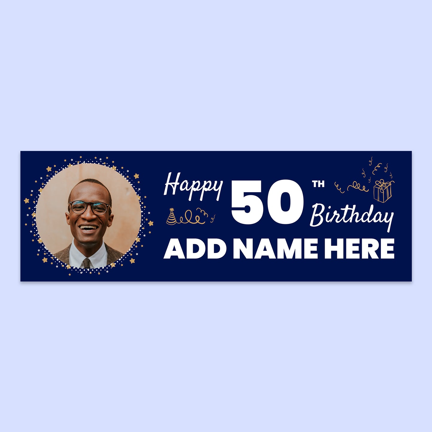 Happy Birthday Banner 140cm x 45cm (Blue & Silver) with personalisation