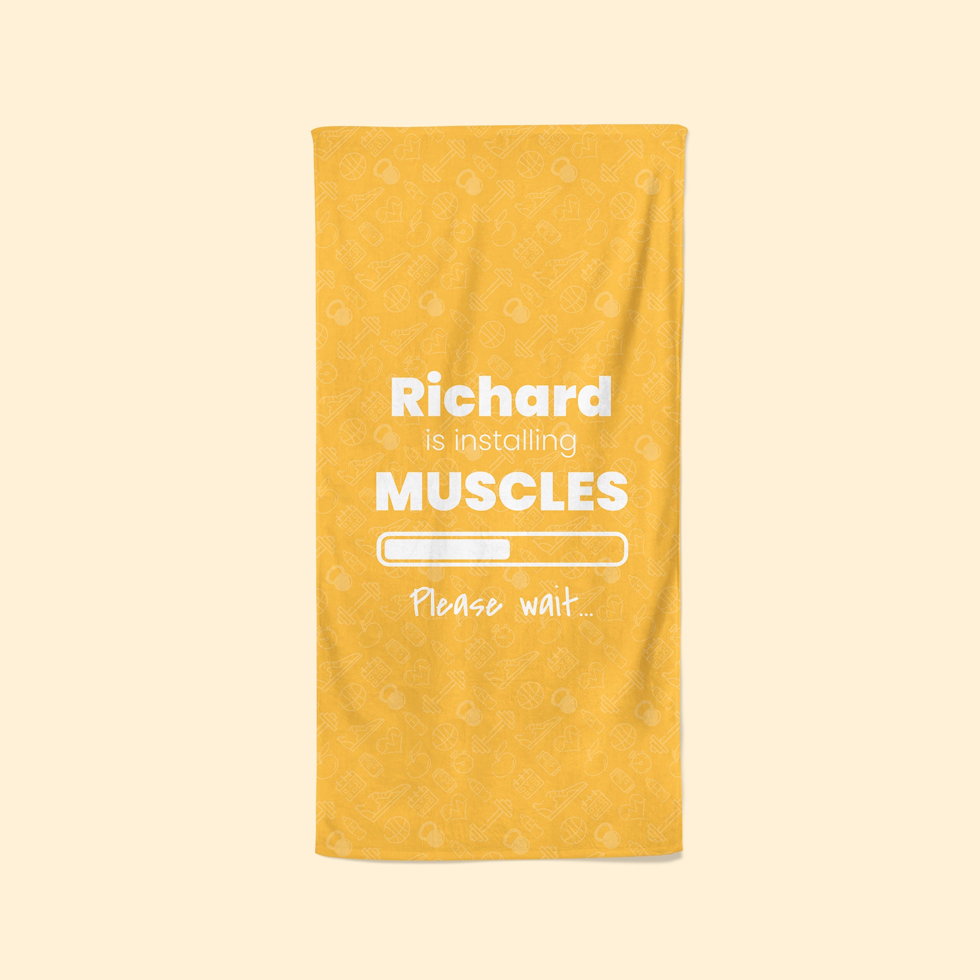 Gym Towel Yellow with Gym Pattern - Installing Muscles - Personalise with Name
