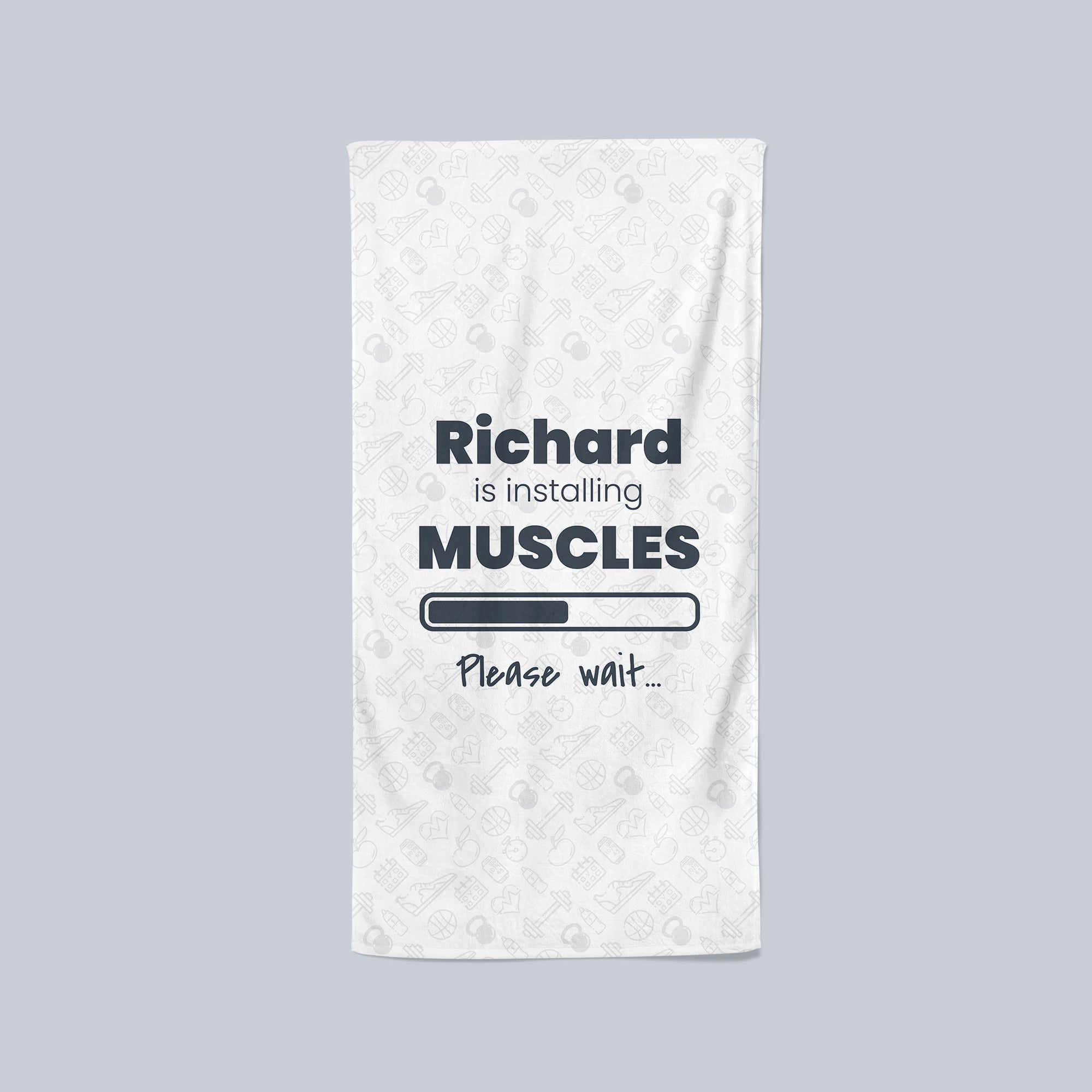 Gym Towel White with Gym Pattern - Installing Muscles - Personalise with Name