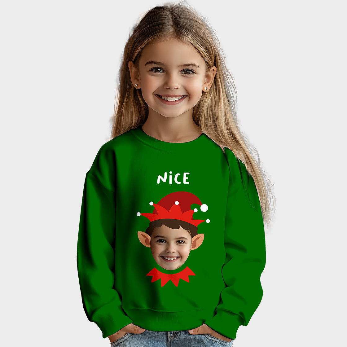 Photo Upload Kids Christmas Jumper - Nice Elf