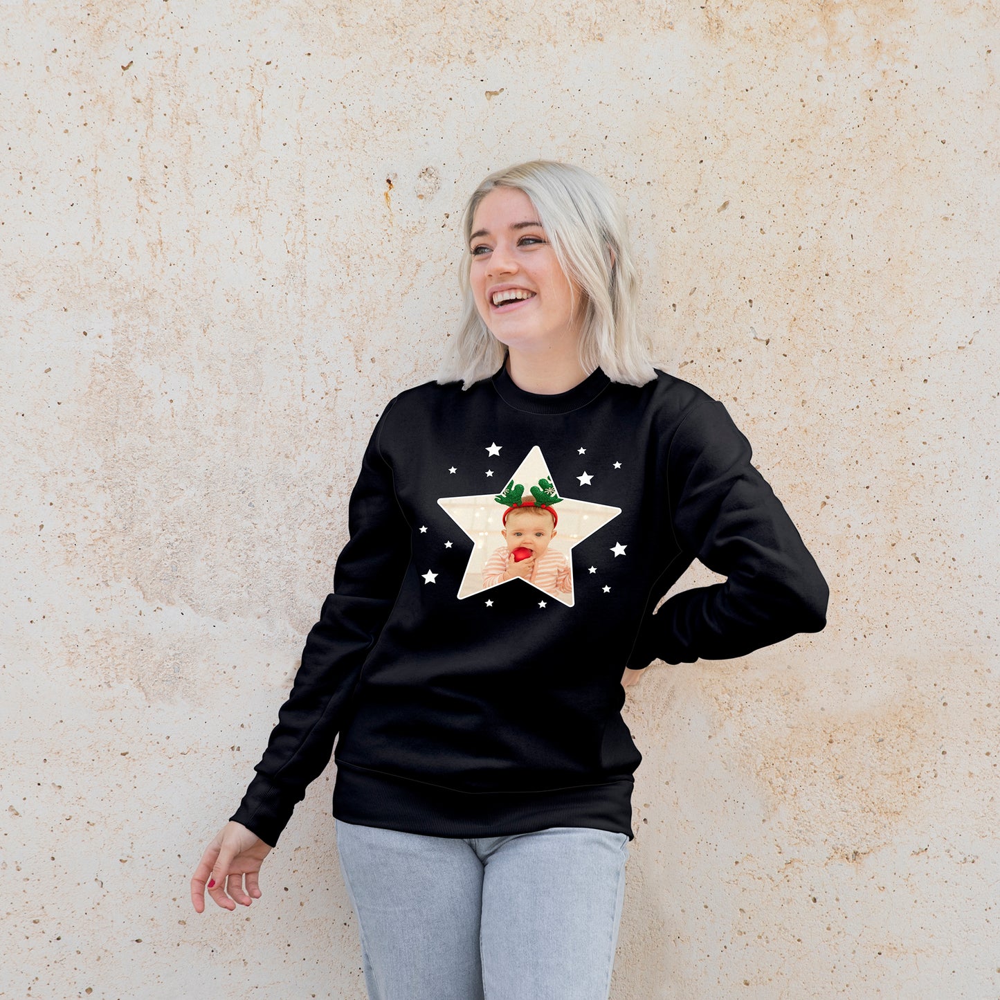 Photo Upload Christmas Jumper - Stars (Black)