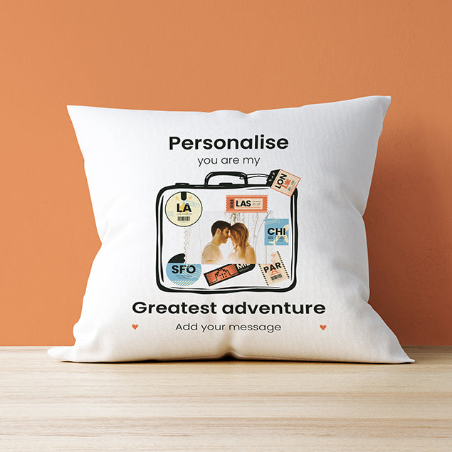 Photo Upload Cushion - Greatest Adventure Suitcase