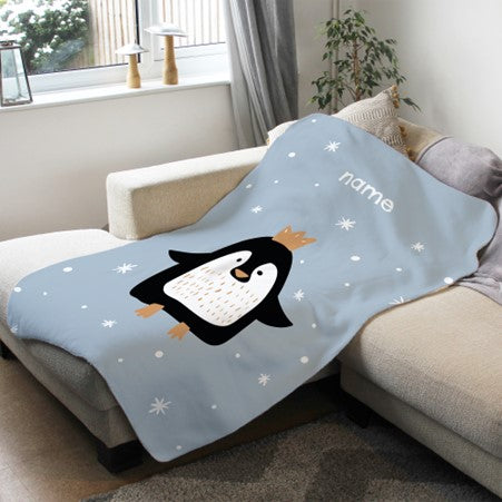 Fleece Blanket Light Blue with Penguin- Personalise with Name - Custom Gifts