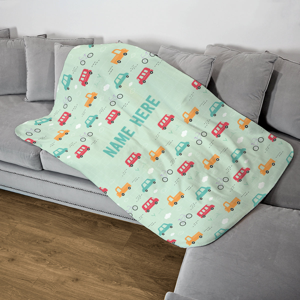 Personalised Childrens Blanket - Light Green Car Print - Fleece Blanket - Custom Gifts