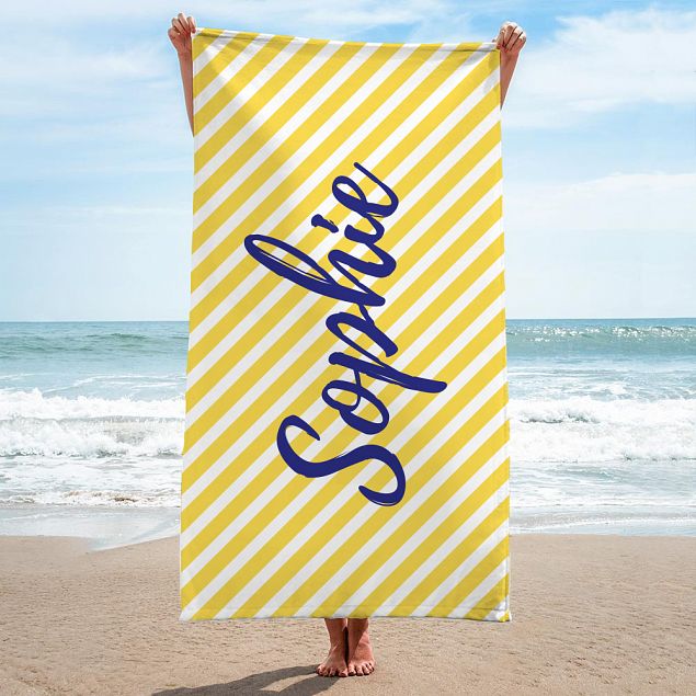 Yellow and White Stripes Beach Towel - Personalise with Name