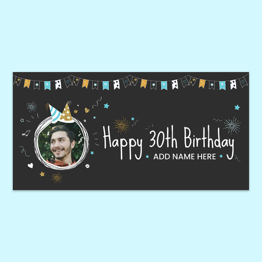 Photo Upload Birthday Banner 30 Today 150 x 75cm blue flags