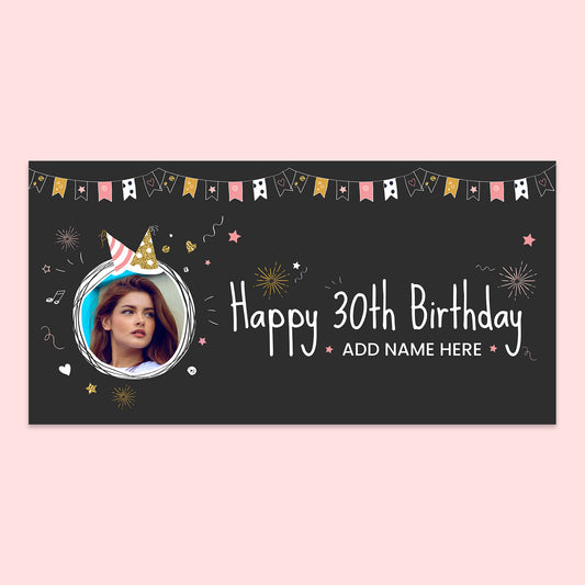 Photo Upload Birthday Banner 30 Today 150 x 75cm pink flags
