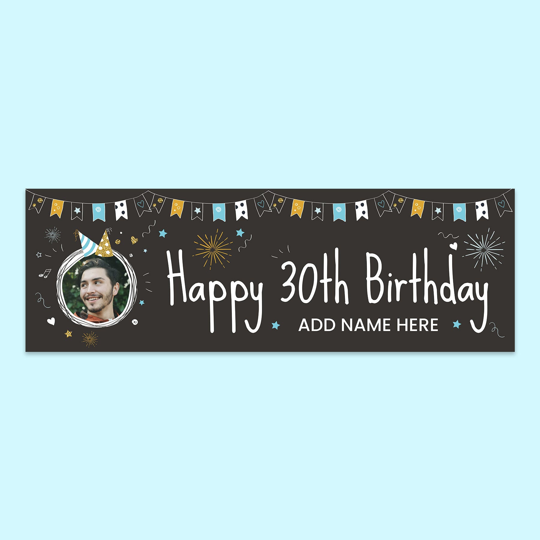 Photo Upload Birthday Banner 30 Today 210 x 70cm blue flags