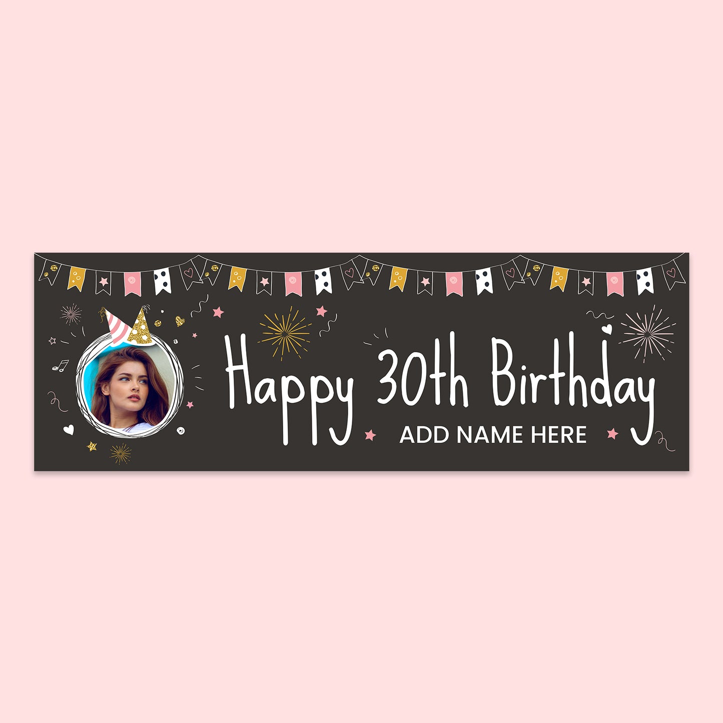 Photo Upload Birthday Banner 30 Today 210 x 70cm pink flags