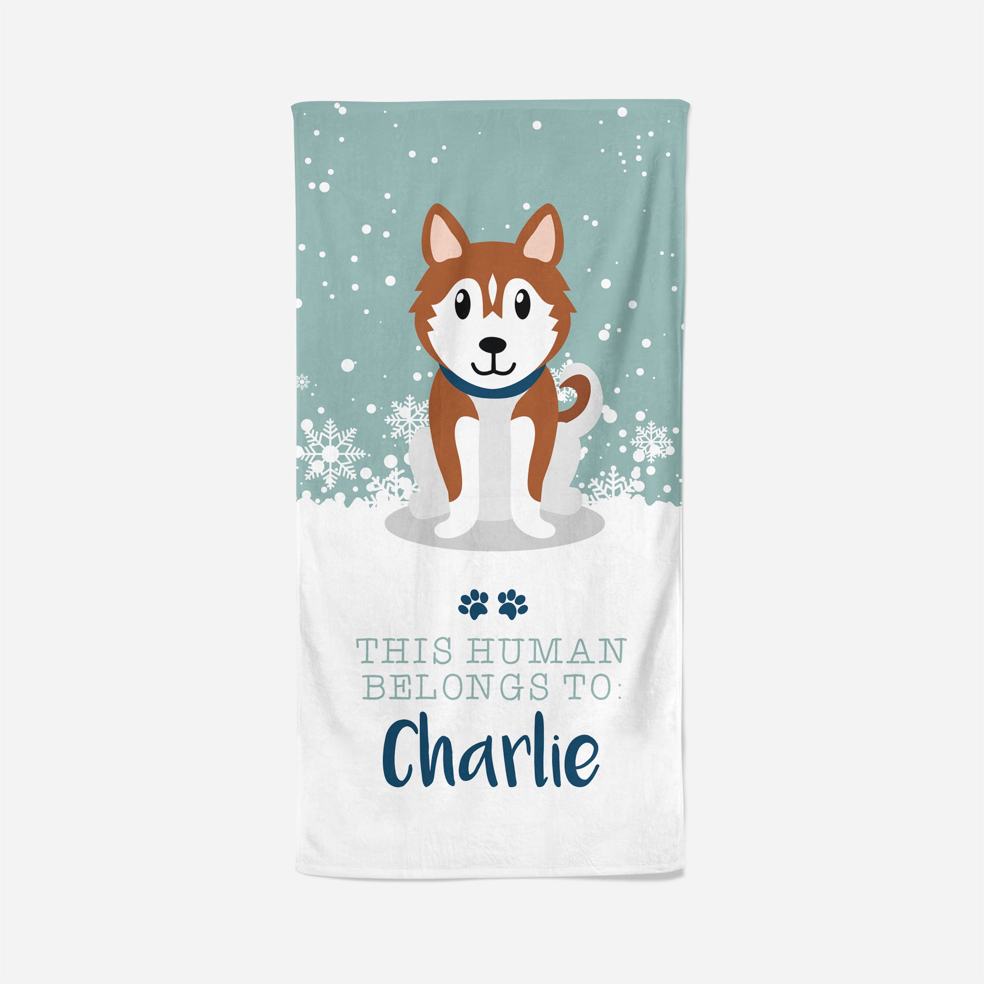 Husky Towel White and Green - This Human Belongs To - Personalise with Name