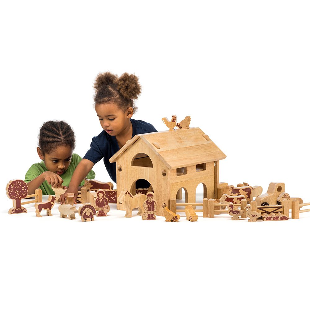 Personalised Wooden deluxe farm barn playset with natural wood characters