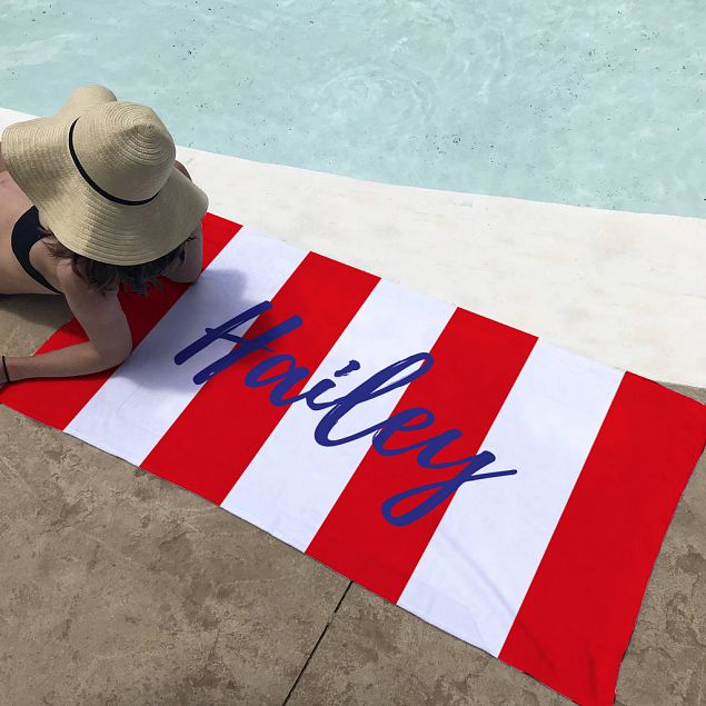 Red and White Stripes Beach Towel - Personalise with Name