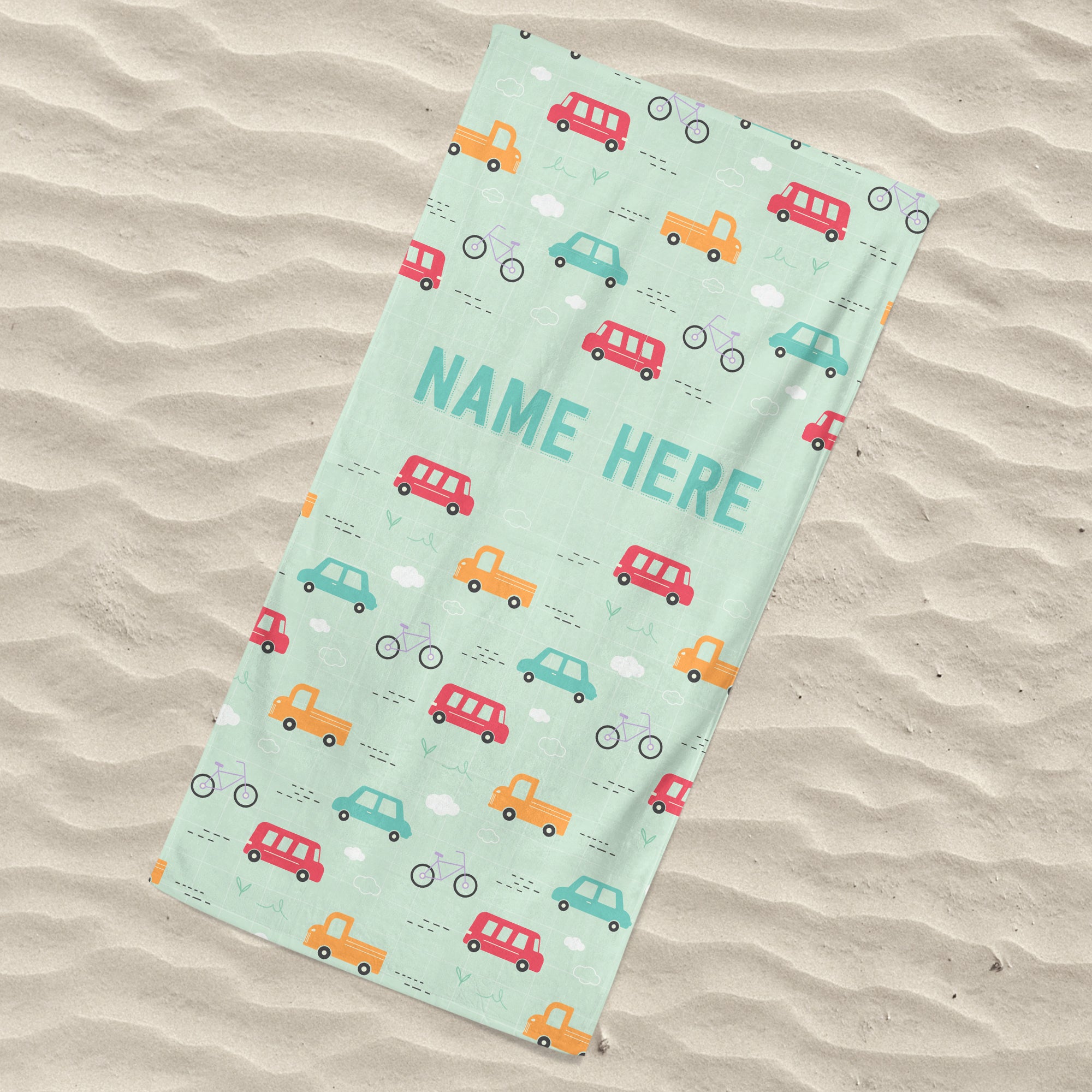 Childrens Beach Towel Light Green with Vehicles - Personalise with Name