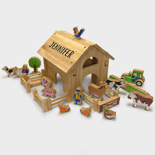 Personalised Wooden deluxe farm barn playset with natural wood characters