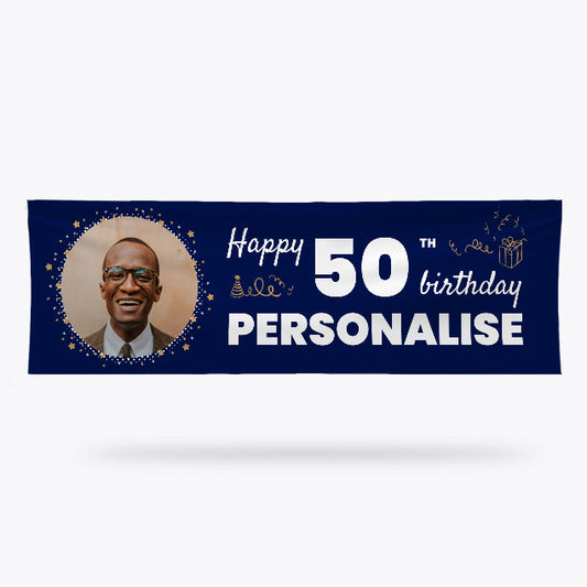 Happy Birthday Banner 140cm x 45cm (Blue & Silver) with personalisation