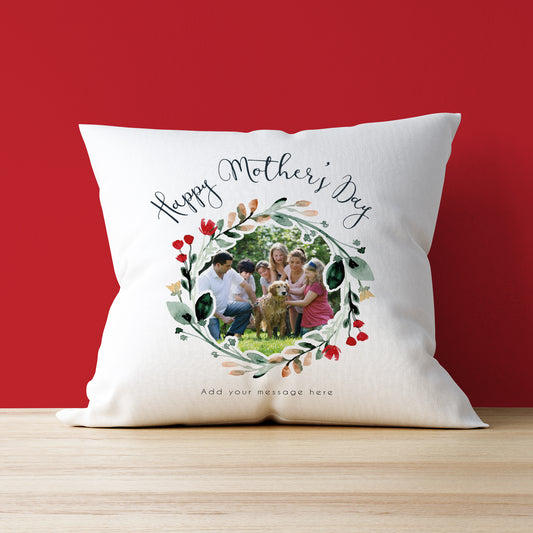 Happy Mother's Day Watercolour Flowers Circle - Photo Upload Cushion