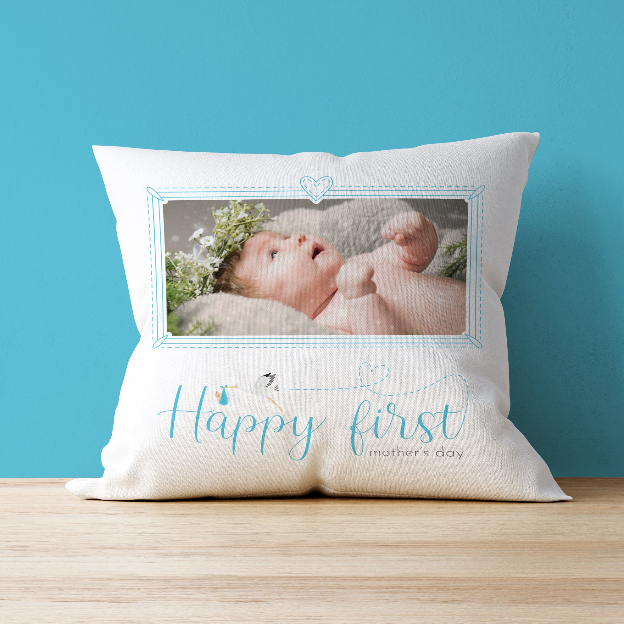 Happy First Mother's Day Single Photo Upload Cushion (Blue Text)