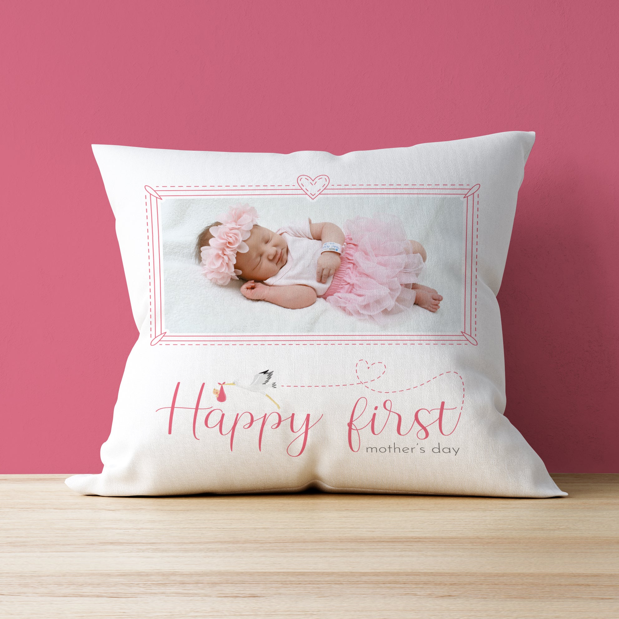 Happy First Mother's Day Single Photo Upload Cushion (Pink Text)