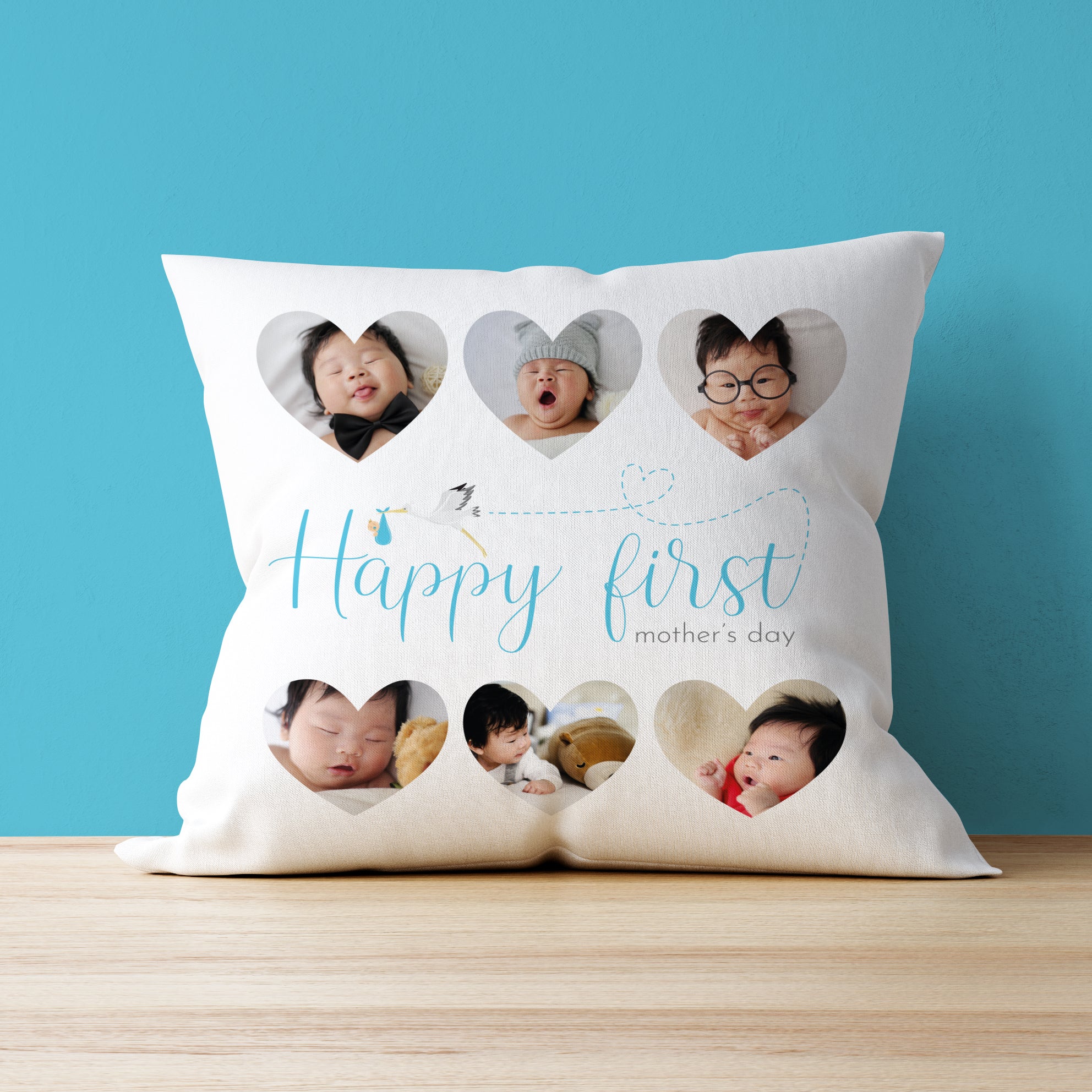 Happy First Mother's Day Heart Photo Upload Cushion Blue
