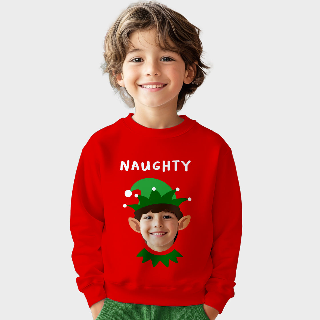 Photo Upload Kids Christmas Jumper - Naughty Elf