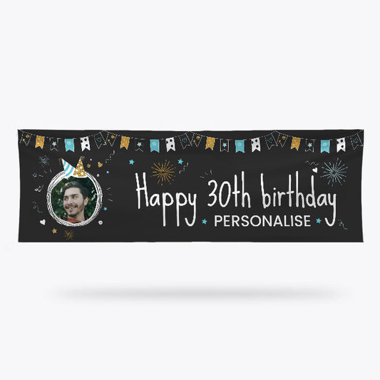 Photo Upload Birthday Banner 30 Today 140 x 45cm blue flags