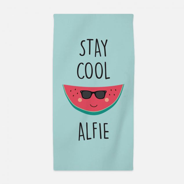 Kids Beach Towel Blue with Watermelon Cartoon - Stay Cool - Personalise with Name