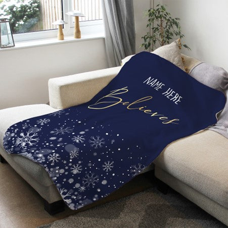 Fleece Blanket Dark Blue with Snowflakes - (Name) Believes - Custom Gifts 